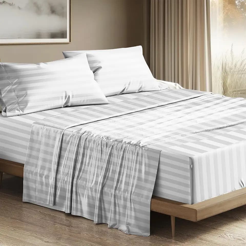 THREAD SPREAD Egyptian Cotton Sheets King Size - 1200 Series Plush Collection Damask Sheet Set Egyptian Cotton (4 PC, White Stripe), Luxury Sheet King Size, Soft, Cooling Deep Pocket Sheets