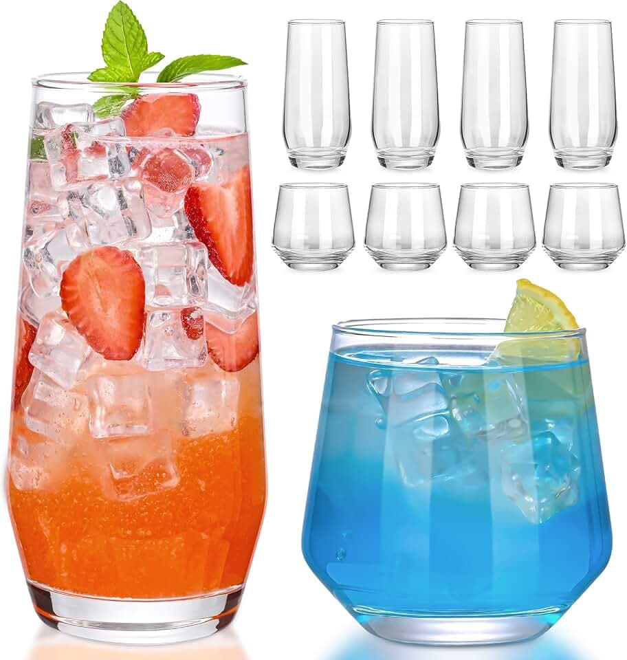 ZMOWIPDL Drinking Glasses Set of 8,Clear 13 oz & 18oz Crystal Glass Cups,Drinkware Glassware,Highball Water Tumbler,Short Stemless Wine Glasses,for Beer,Cocktail,Whiskey,Juice and Various Mixed Drinks