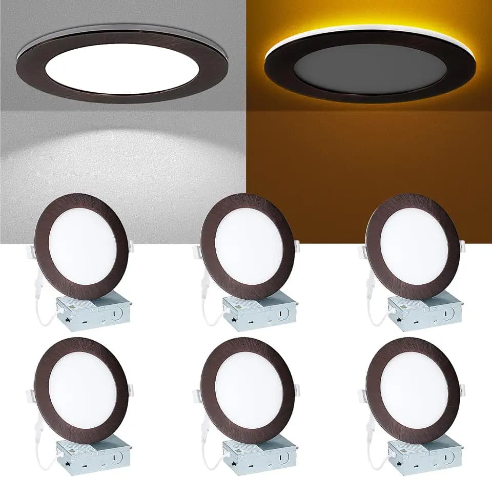 6 Inch LED Recessed Lighting - with Night Light, 2700K/3000K/4000K/5000K/6000K Dimmable Canless Recessed Light, 12W+3W, Wafer Downlight Soffit with Junction Box, 6inch 6P Oil-Rubbed Bronze