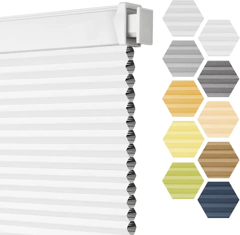 Grandekor No Drill Cellular Shades Cordless,34" W x 64" H,No Drill Blackout Honeycomb Blinds for Indoor Windows,Blackout-White-White