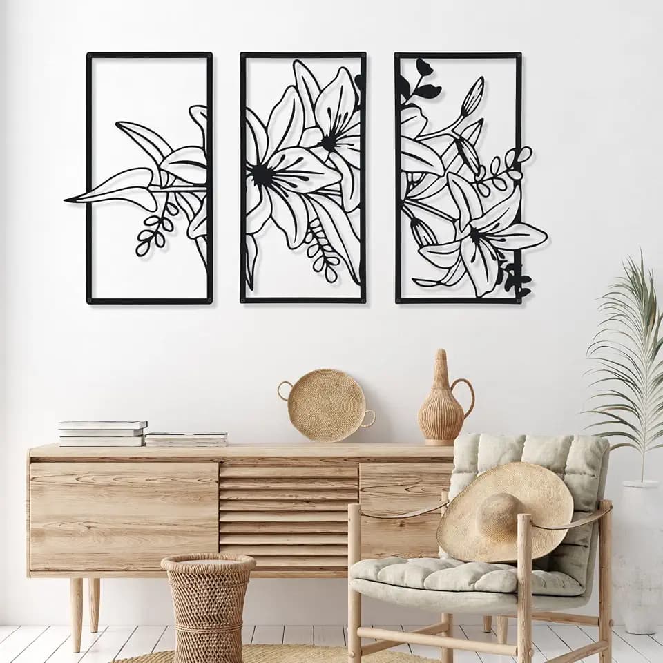 Therwen Black Metal Wall Art Minimalist Floral Hanging, Classic Style