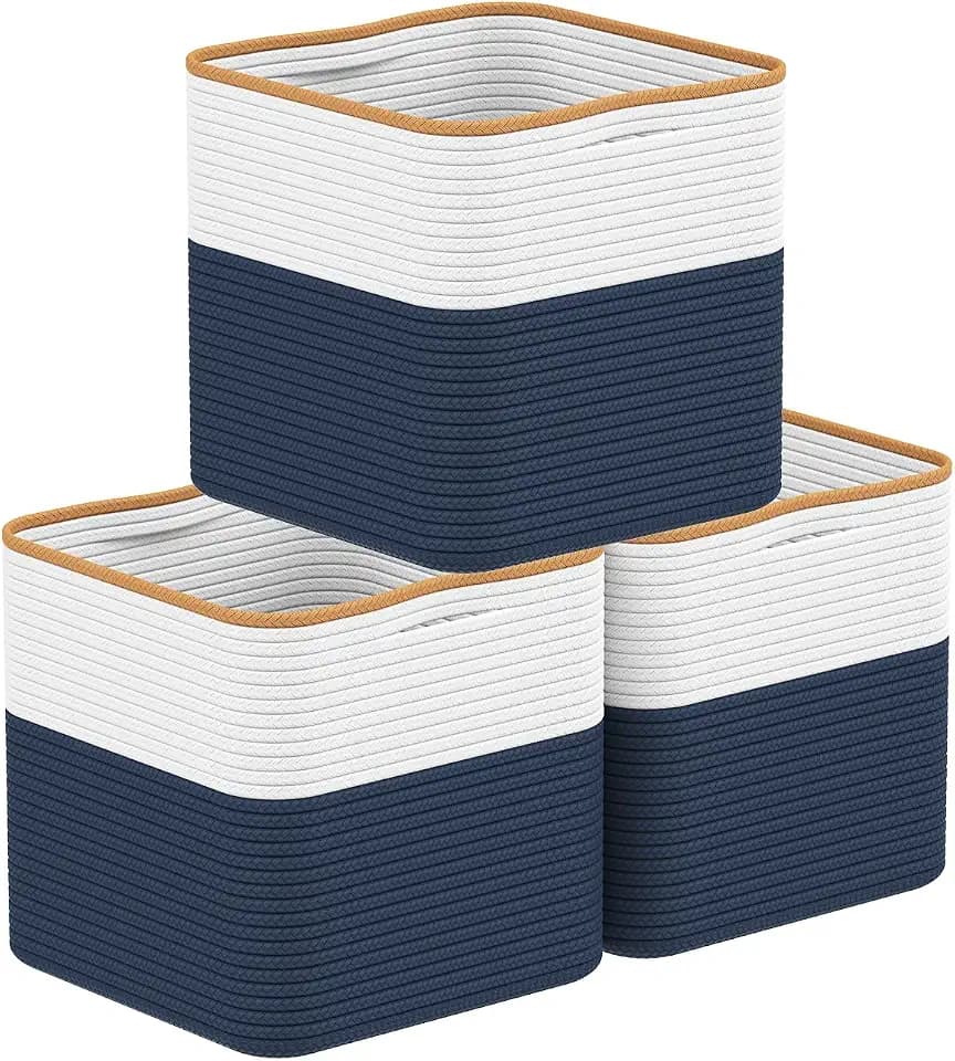 Storage Cotton Cubes 11 Inch, Woven Cotton Rope Storage Baskets for Toys Blanket Organizing, Storage Bins Decorative Organizer with Handles for Living Room Laundry Room Closet (3 Pack, Blue)