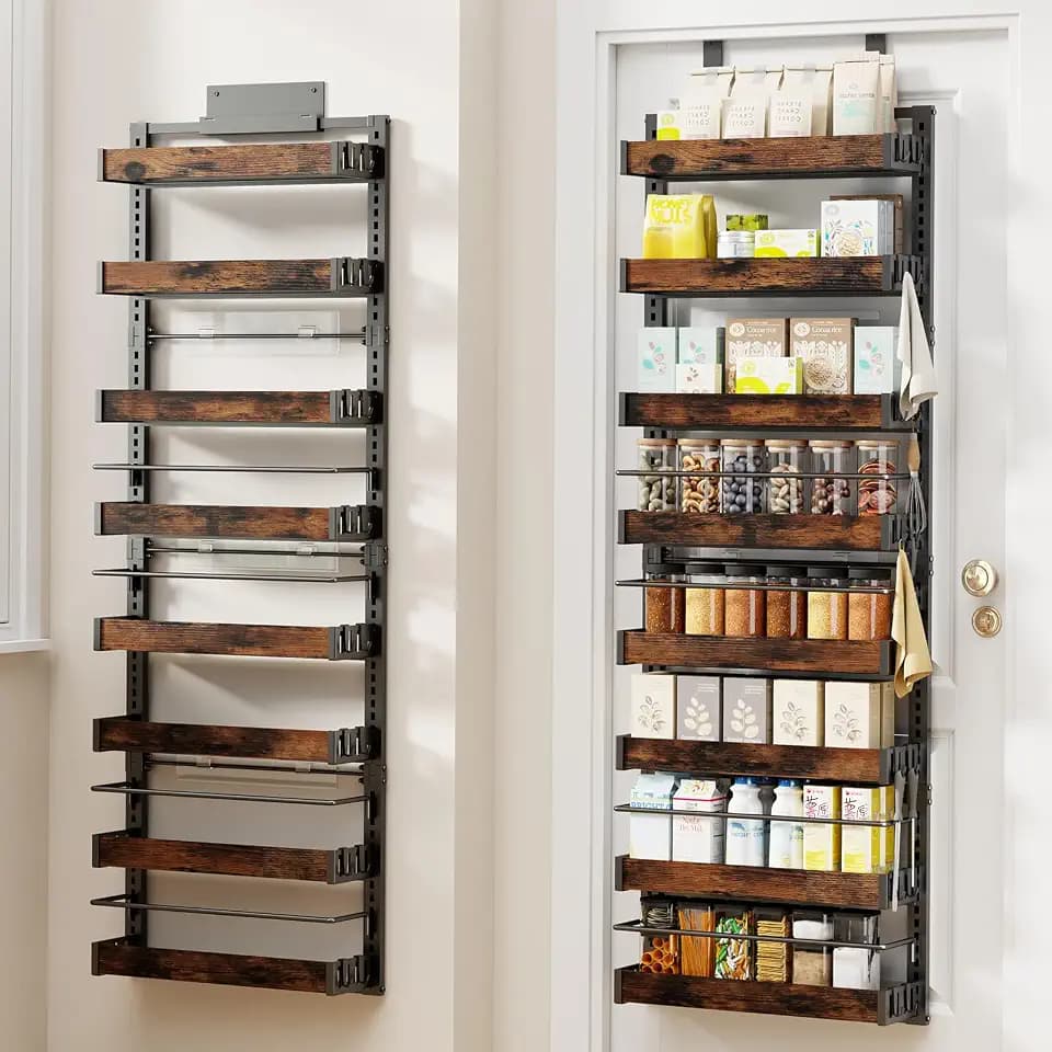8 Tier Over The Door Pantry Organizer, 2 IN 1 Wall Mount or Metal Hanging Spice Rack for Pantry Organizers and Storage, Seasoning Shelves,Adjustable Basket with Hooks for Kitchen Cabinet and Closet