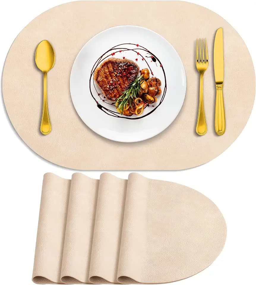 ADRIMER Oval Placemats Set of 4, Wipeable Faux Leather, Beige