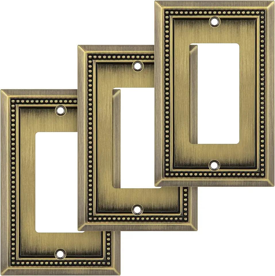 Henne Bery Sunken Pearls Heavy Duty Decorative Wall Plate Switch Plate Outlet Cover (Single Decorator, 3 Pack, Antique Brass)