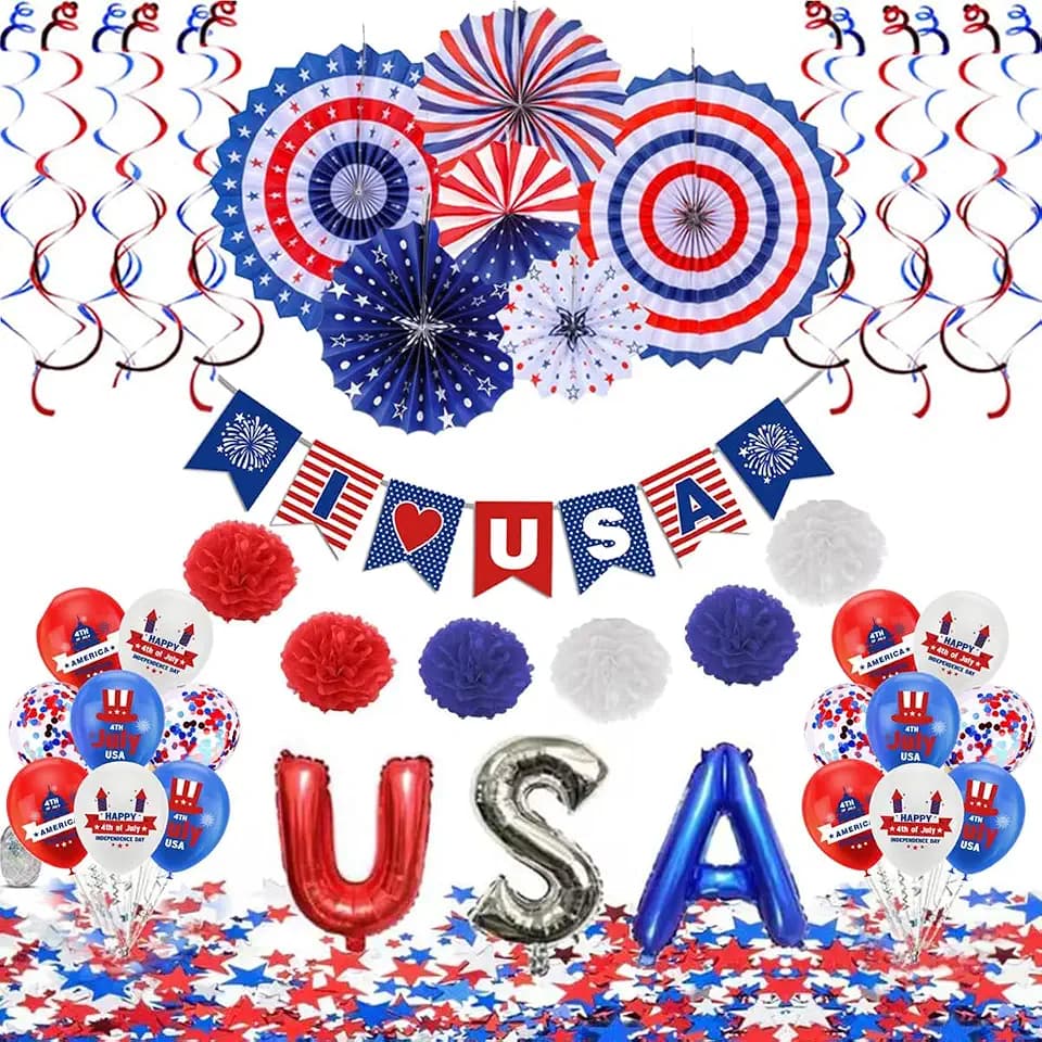 July 4th Party Decoration Set, Patriotic Banner, American Flag Paper Fan, PomPomPoms Flower,, Balloons, American Patriotic Party Independence Day Party Supplies -02