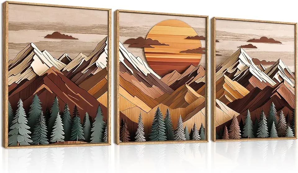 KAIRNE Woodcut Mountain Landscape Framed Canvas Wall Art Set-12"x16"x3