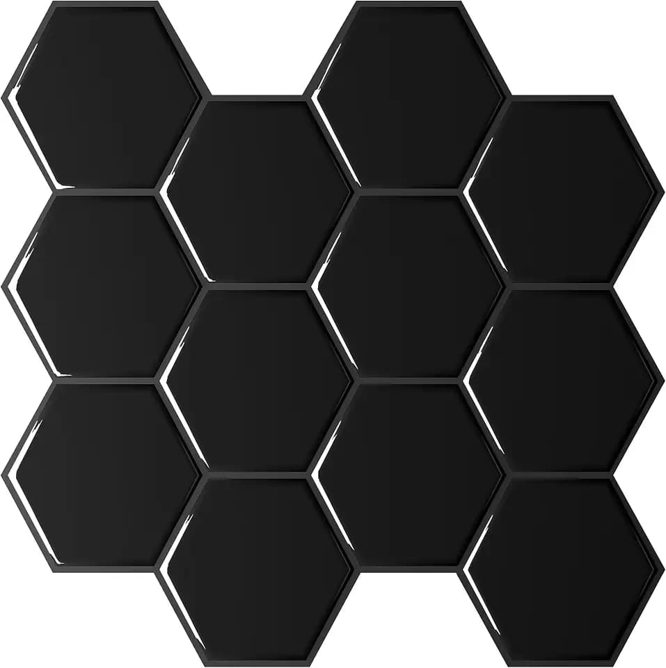 VEELIKE Hexagon Peel and Stick Backsplash 12 Pack Black Backsplash Tiles for Kitchen Bathroom Wall Tiles Waterproof Renter Friendly Back Splash Stick on Tile for Walls Fireplace Powder Room 12''x12''