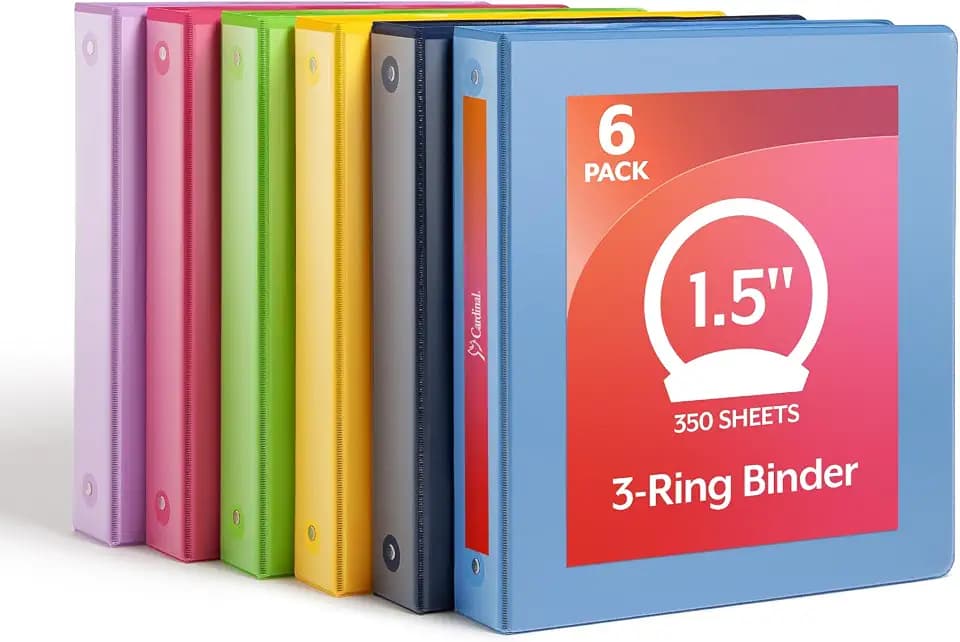 Cardinal 1.5 Inch 3 Ring Binders, 6 Pack, Assorted Colors, Holds 350 Sheets