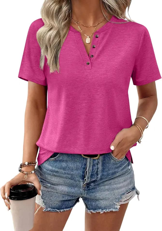 TICTICMIMI Womens V Neck Short Sleeve Tops Button Loose Summer T Shirts