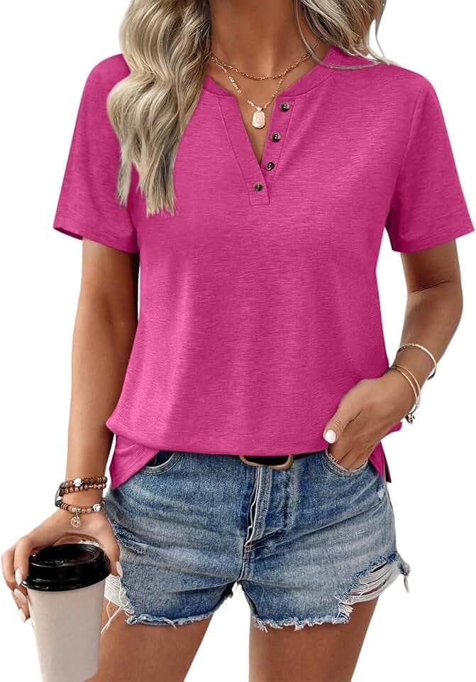 TICTICMIMI Womens V Neck Short Sleeve Tops Button Loose Summer T Shirts