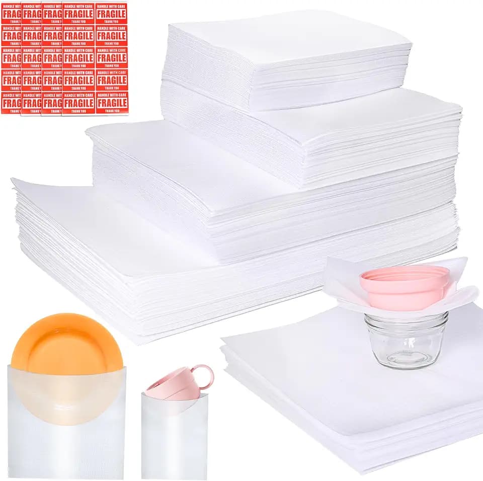 600Pcs Dish Packing Supplies for Moving, 300 Cushion Foam Wrap Pouches & Sheets 4 Sizes (16x12", 12x12", 12x7.8", 7.8x7.8") with 300 Fragile Stickers Plate Packing Sleeves for Fragile Shipping Storage