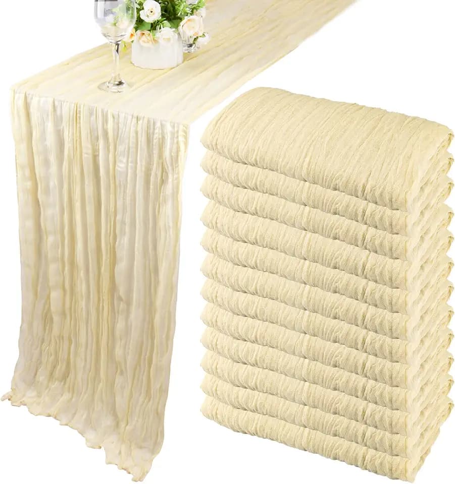 12 Pack 10Ft Cheesecloth Table Runner 35x120 Inch Boho Gauze Rustic Cheese Cloth Long Romantic Table Runner for Wedding Bridal Shower Birthday Party Table Decor (Beige)
