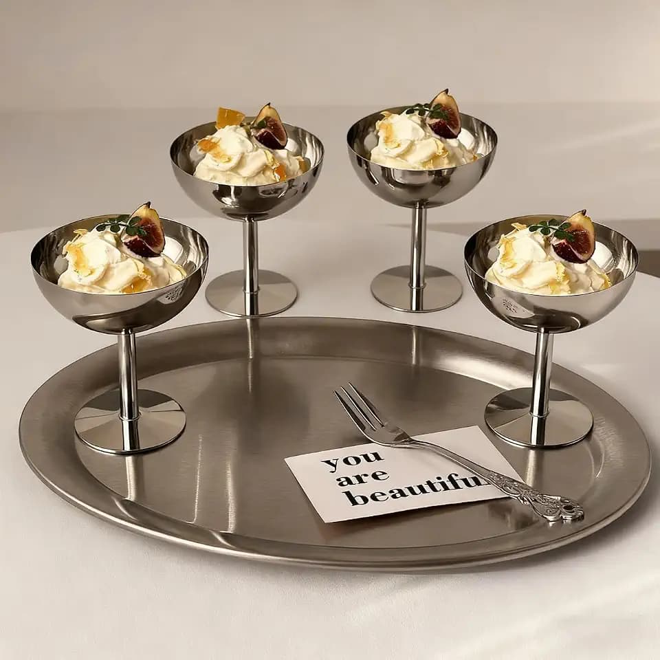 4PCS Stainless Steel Ice Cream Cups Serving Dessert Dish Bowls for Dessert, Sundae, Fruit, Salad, Snack, Cocktail, Condiment (High feet*4)