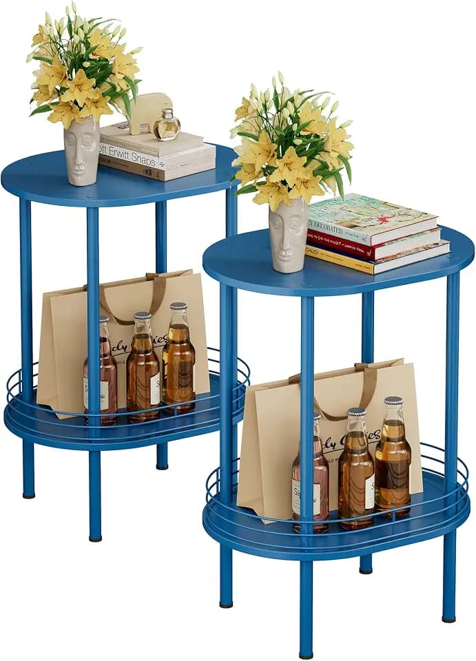 Blue Oval Nightstand Set of 2, Small Modern Round Side Table with Storage