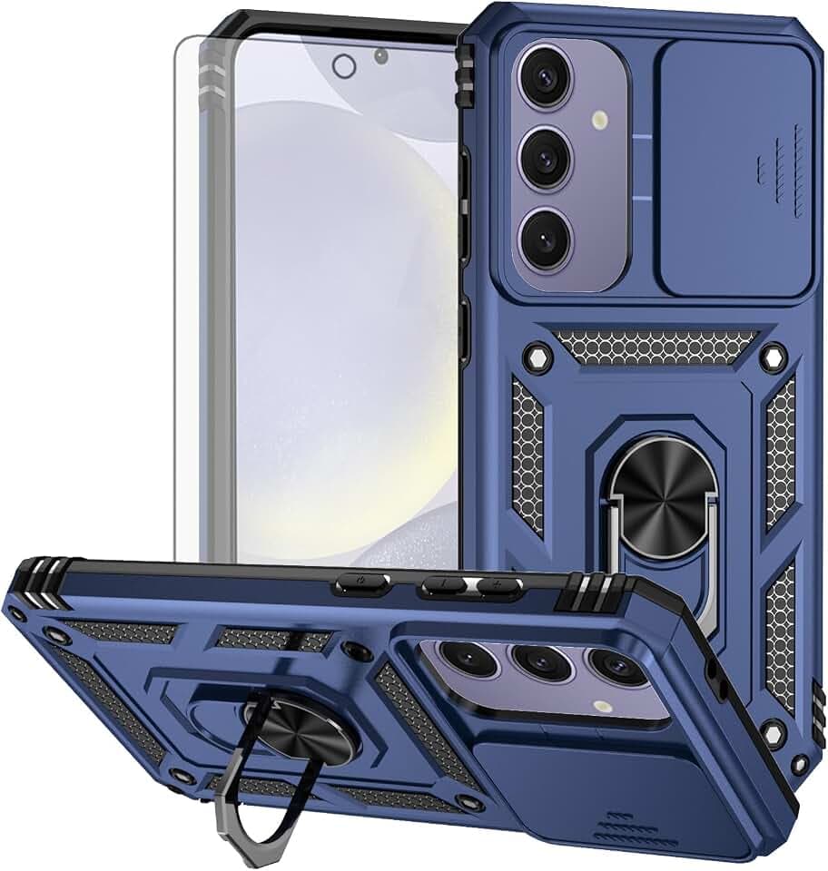Asuwish Handyhülle für Samsung Galaxy S24 FE 5G Hülle mit Glas Folie Panzerfolie Schutzfolie Kameraschutz Schieber und Magnetisch Ring Ständer S 24 S24FE 24FE Slim Handy Schutzhülle Phone Case Blau