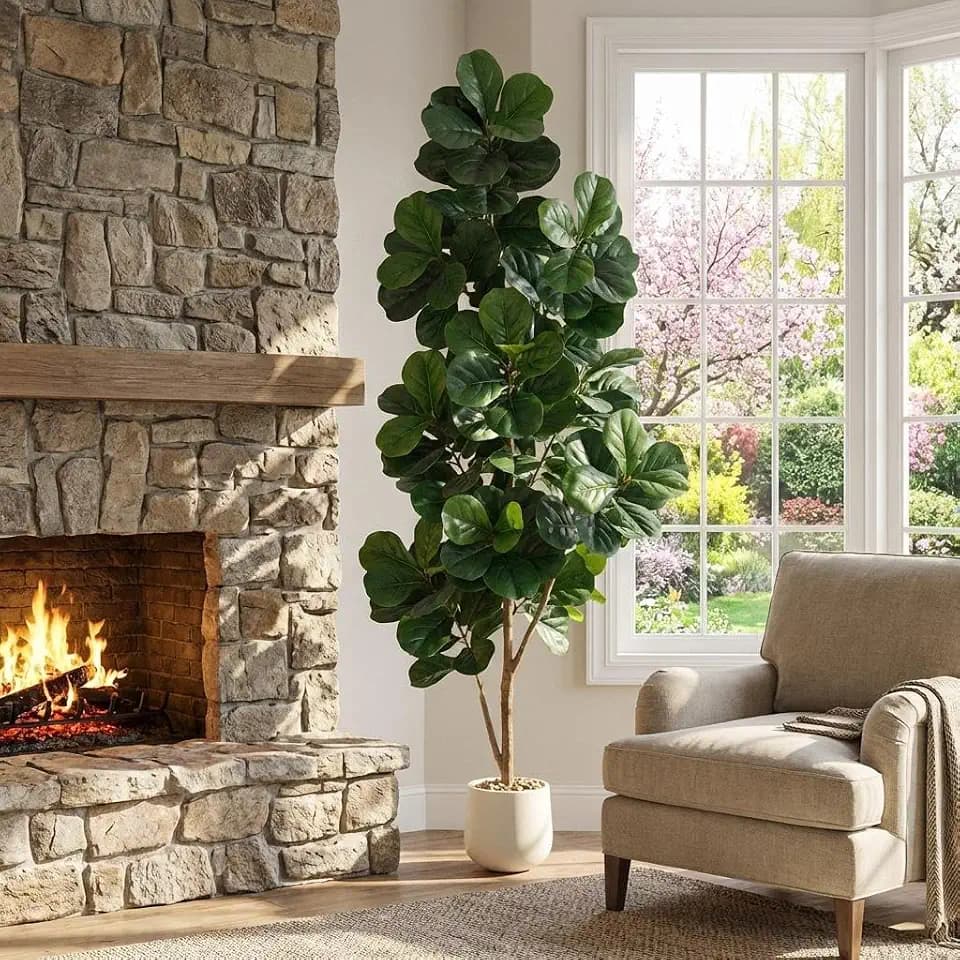 7ft Artificial Fiddle Leaf Fig Tree, 141 Realistic Faux Ficus Lyrata Leaves with 3D Veins, 9in White Ceramic Planter with Decorative Pebbles, Indoor Fake Floor Plant for Home Office Living Room Corner
