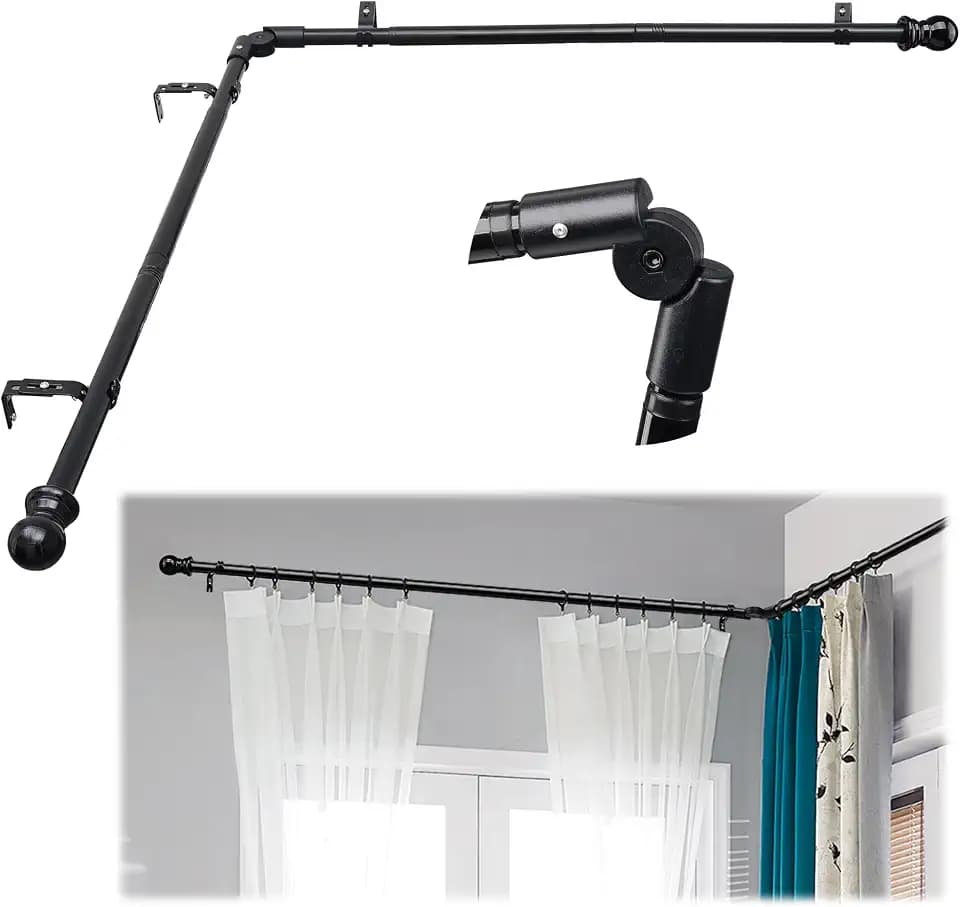 Corner Curtain Rod for Windows 30 to 136 Inches, L-shaped Curved Heavy Duty Corner Window Curtain Rods, Adjustable Renter Friendly 1 Inch Black Drapery Rods for Bedroom Living Room