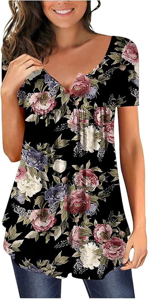 Womens Tops Hide Belly Tunic Summer Short Sleeve T Shirts Flowy Henley Tshirt Casual Dressy Blouses for Leggings