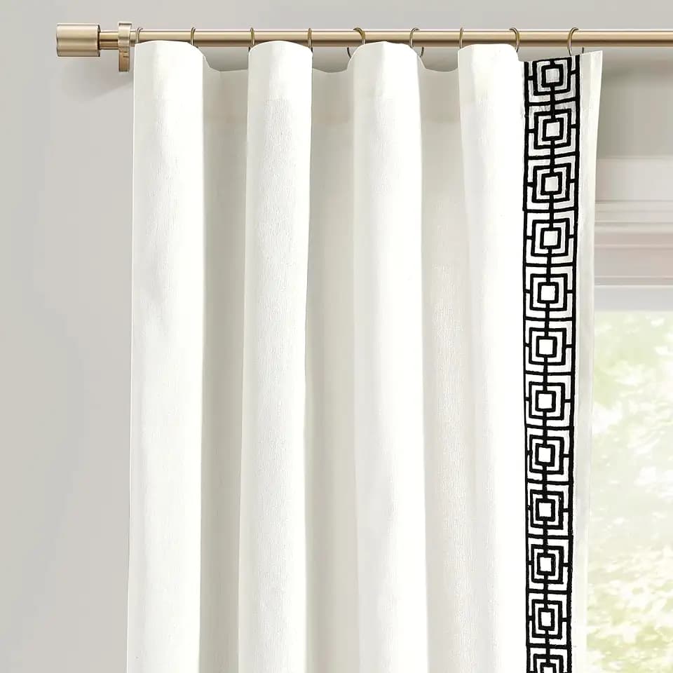 Lush Decor Luxury Modern Square Embroidery Border Window Curtain Panel Single 52" W x 84" L White & Black - White Curtains for Living Room or Bedroom