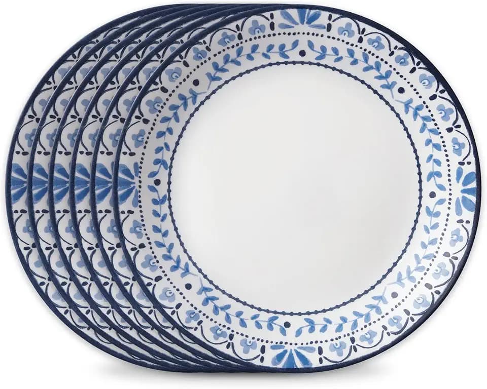 Corelle Vitrelle Salad Plates Set Triple Layer Glass and Chip Resistant, 9-Inch Lightweight Round Plates, Portofino, Caspian, 6-Piece