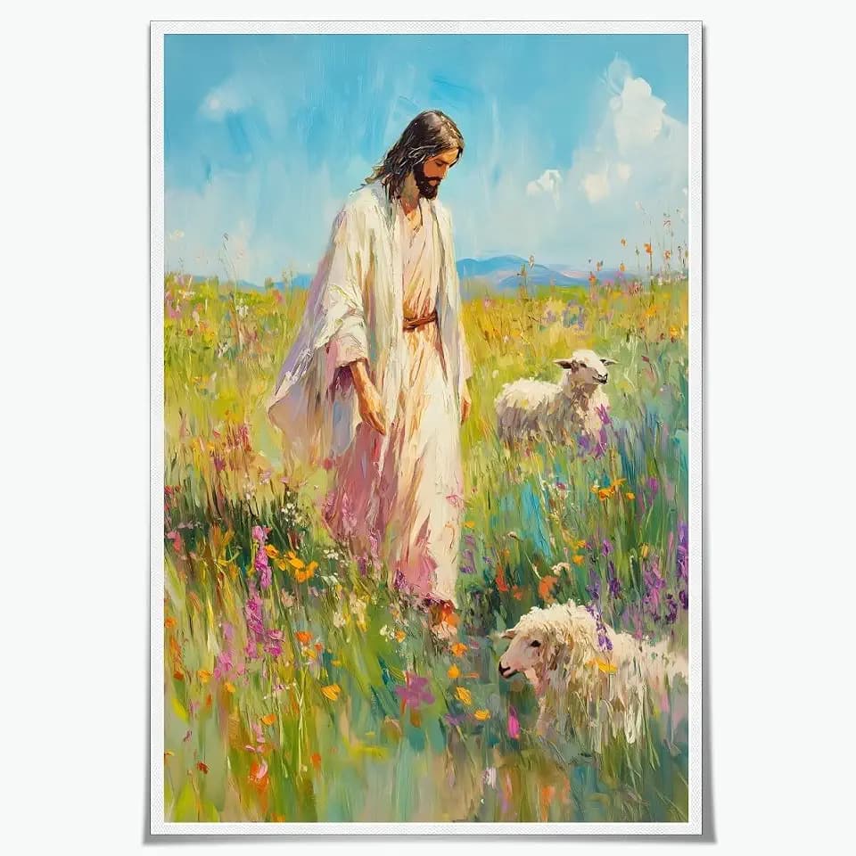 Jesus Canvas Wall Art Easter Poster Christ Saving Lost Sheep in Wildflower Field Print Inspirational Christian Easter Decor Pastel Religious Painting for Living Room Home Church 16x24inch Unframed