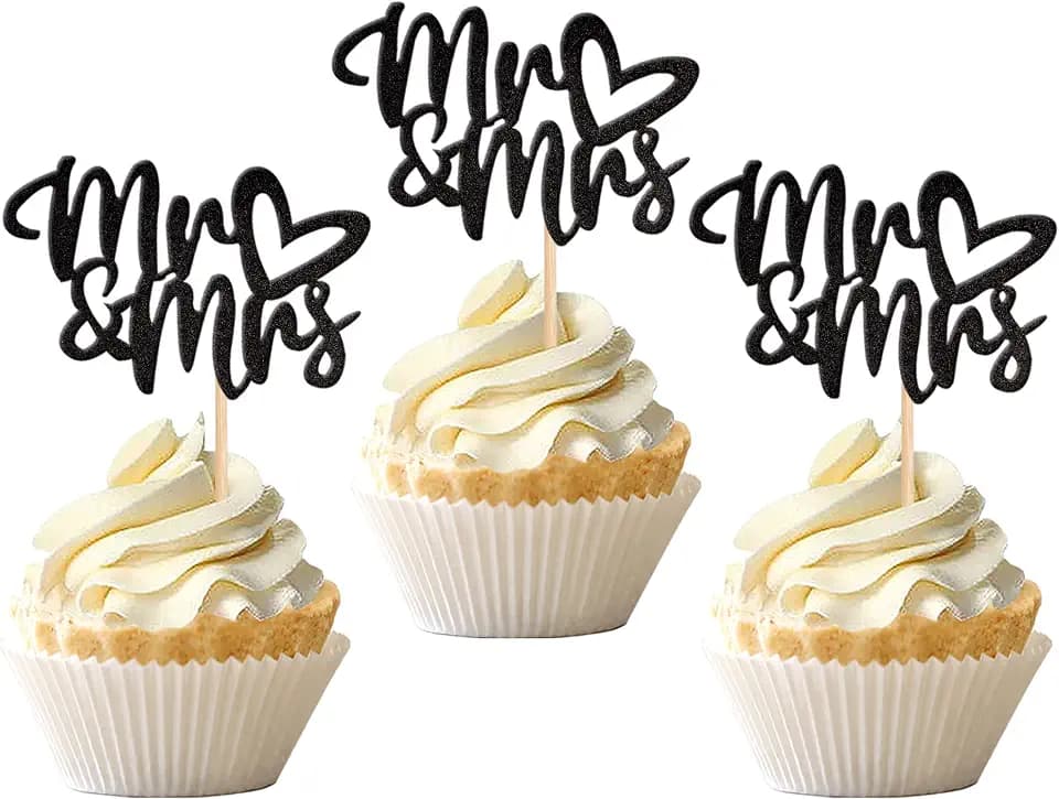 36 PCS Mr & Mrs Cupcake Toppers with Love Heart Bridal Shower Cupcake Picks for Wedding Engagement Theme Party Cake Decorations Supplies Black