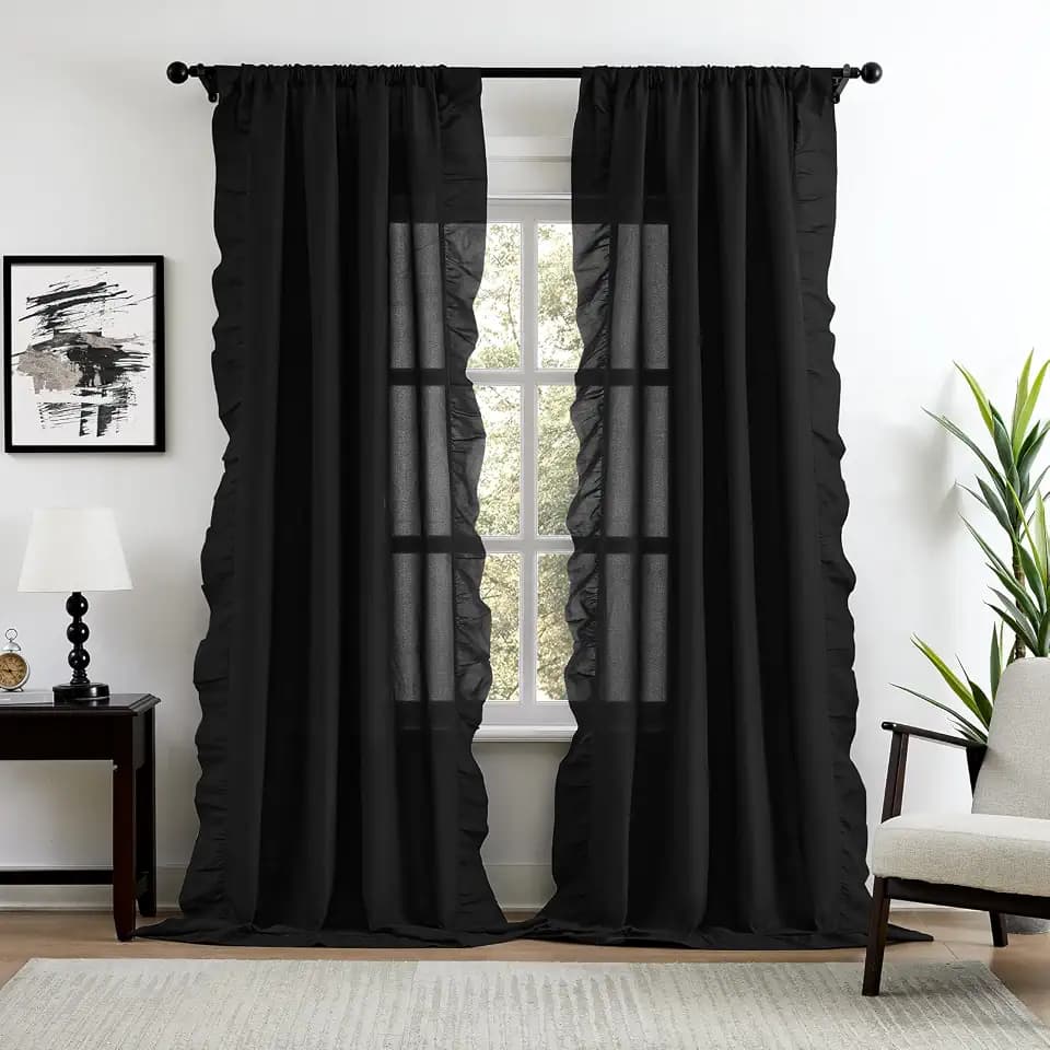 SEEKRIGHT Black Ruffle Curtains 90 Inches Long 2 Panels for Bedroom Living Room Rod Pocket Soft Touch Fabric Southwest Brooklyn Dark Romantic Goth Curtains for Window Drapes Privacy Decor, 52x90