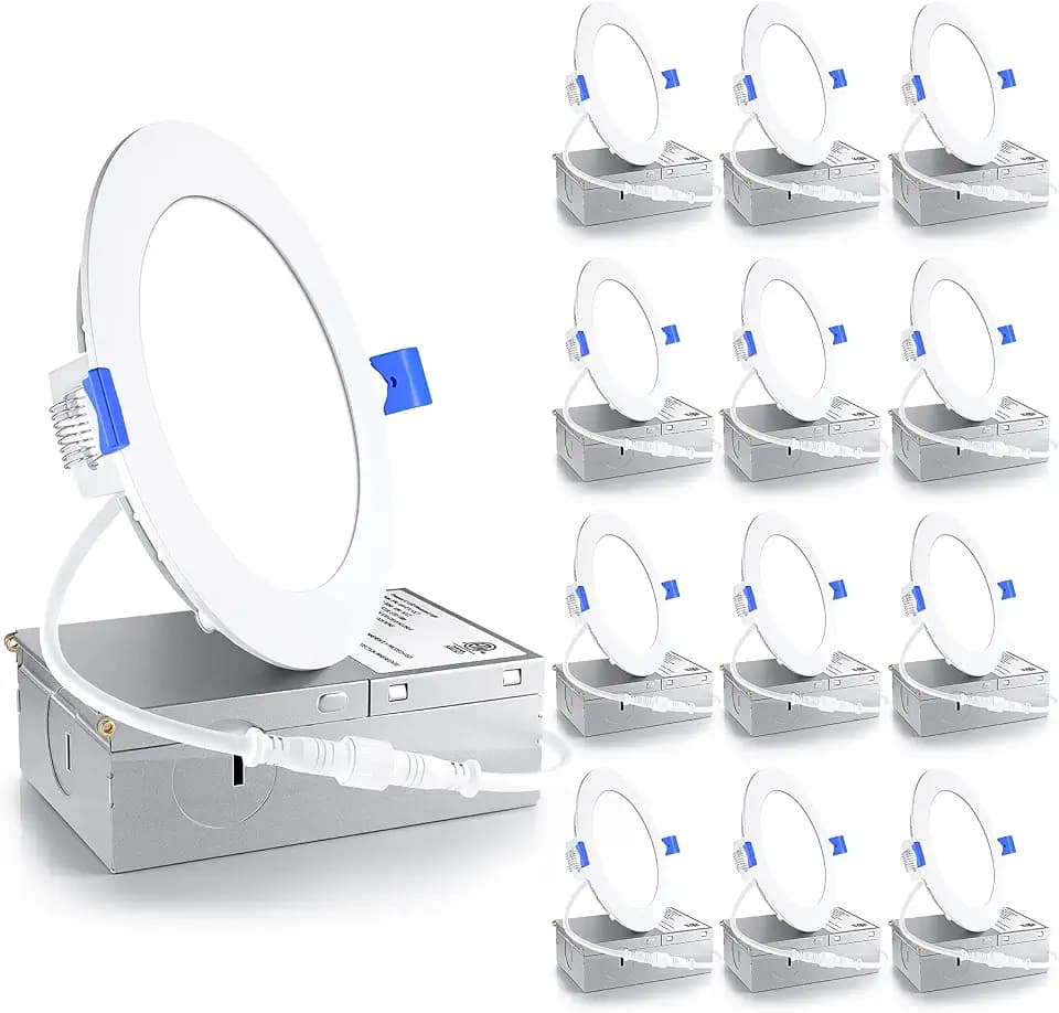 Ensenior 12 Pack 4 Inch LED Recessed Light, Dimmable, 5000K Daylight, 750LM High Brightness, 9W 120V, 2 Pin, ERL-9X-ETL, Damp Rated, Ultra-Thin Canless Wafer Ceiling Light - ETL & FCC & IC