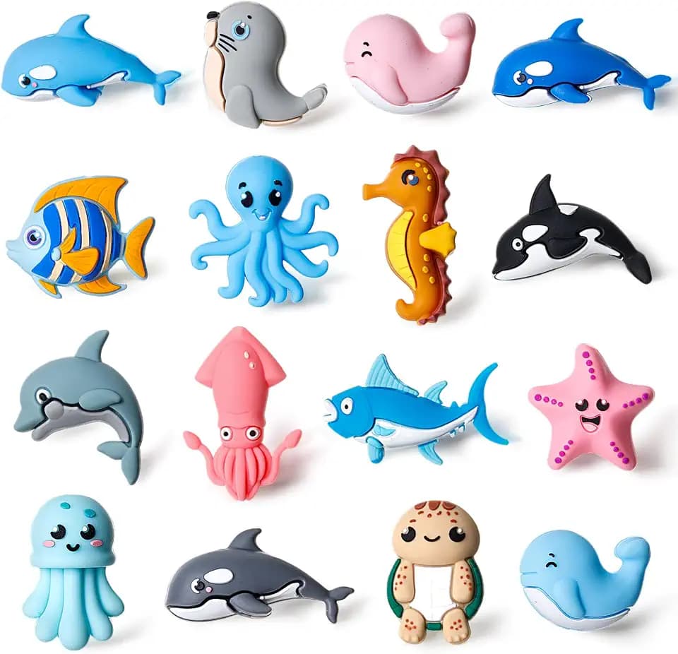 Ferreve 16 Pcs 3D Silicone Focal Beads for Keychain DIY, Sea Animals