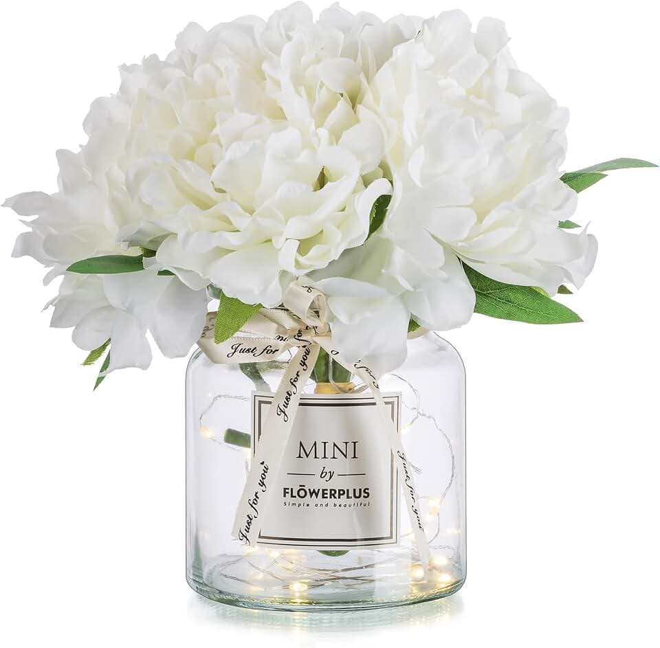 BLOSMON Fake Flowers in Vase for Table, 8.2 Inch, Lighted, White Hydrangea