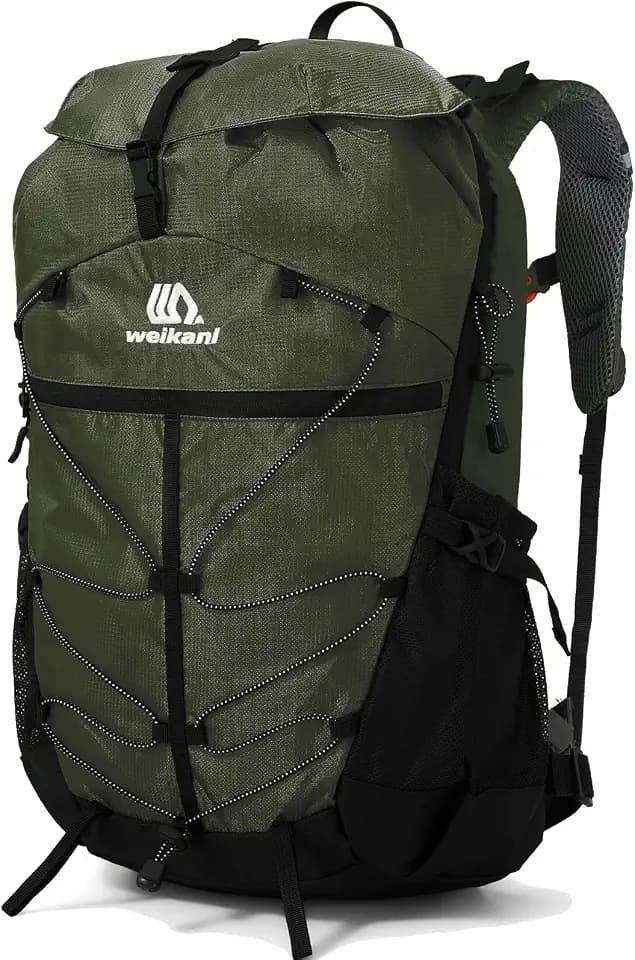 35L Waterproof Hiking Backpack with Chest Strap for Men Women, Lightweight Breathable Travel Day Pack, Padded Large Openning Hiking Daypack with Hanging System for Camping Trekking, Green
