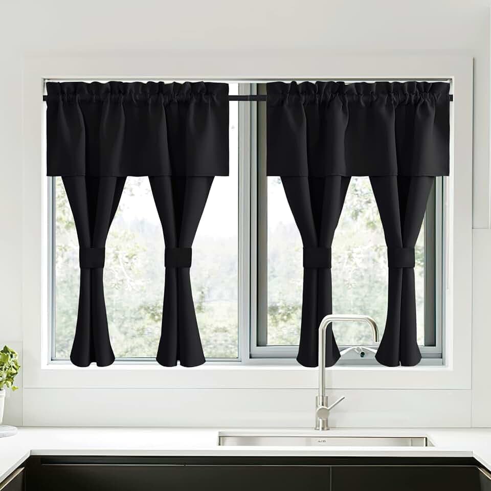 NICETOWN Black Blackout Curtains with Attached Valance, Solid Room Darkening Window Treatment Drapes/Draperies for Bedroom (2 PCs, 52 inches Wide by 45 inches Long)