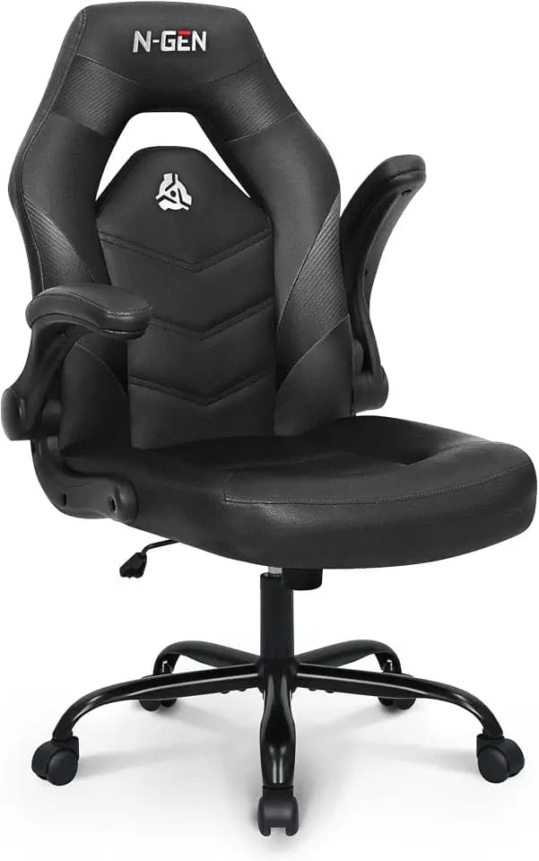 N-GEN Gaming Gaming Chair, Lumbar, PU Leather, Flip-Up Arms, Jet Black