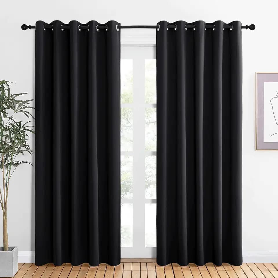 NICETOWN Blackout Draperies Window Curtain Panels, Autumn/Winter Thermal Insulated Solid Grommet Blackout Curtains/Drapes for Cafe (Set of 2, 60 inches by 84 inches, Black)
