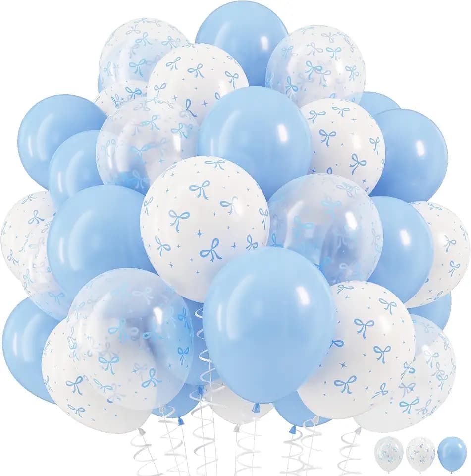 HILAVO Blue Bow Balloons, 12 Inch Pastel Light Blue Transparent White Bow Print Coquette Balloon for Girls Birthday Bachelorette Party Bridal Baby Shower Wedding Anniversary Decorations Supplies