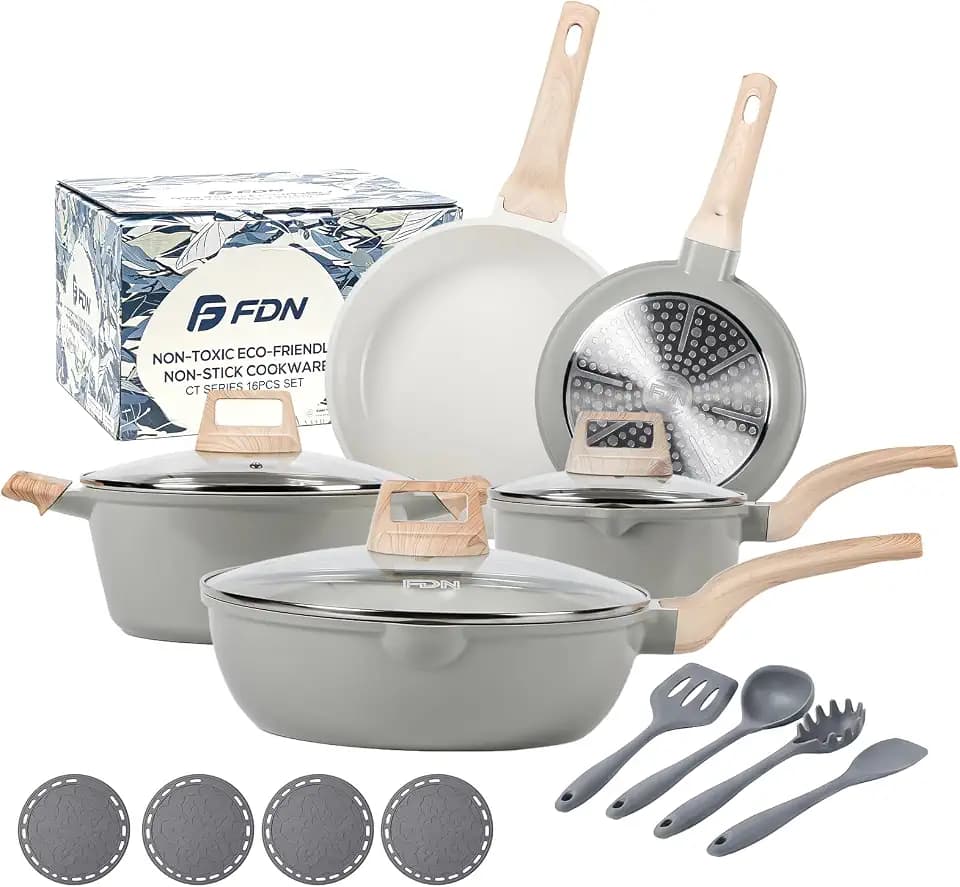 FDN 16Pcs Titanium Pots and Pans Set,Toxic-Free Cookware Set, Dishwasher & Oven Safe, Induction Compatible with Bakelite Wood Grain Handle, Compact and Durable
