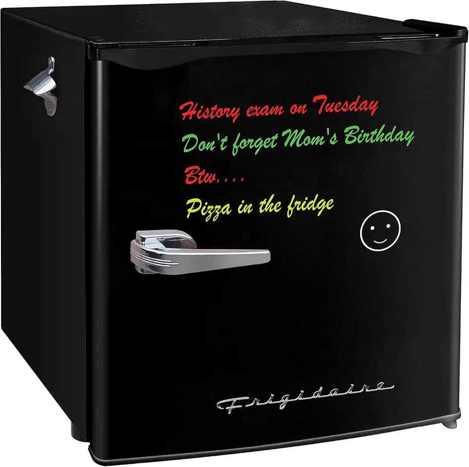Frigidaire EFR107 Mini Fridge with Dry Erase Board & Small Ice Freezer - 1.6 Cu Ft Compact Refrigerator for College Dorm Room, Black