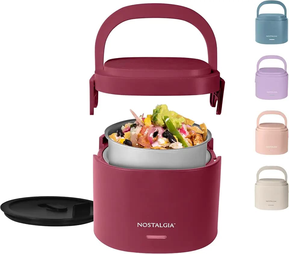 Nostalgia 20-Oz Heated Electric Lunch Box – Portable Food Warmer for Office, Travel, & Car - Perfect for Soup, Pasta, & Light Meals– Leak-Proof Lid, Foldable Handle, Detachable Cord – Cranberry