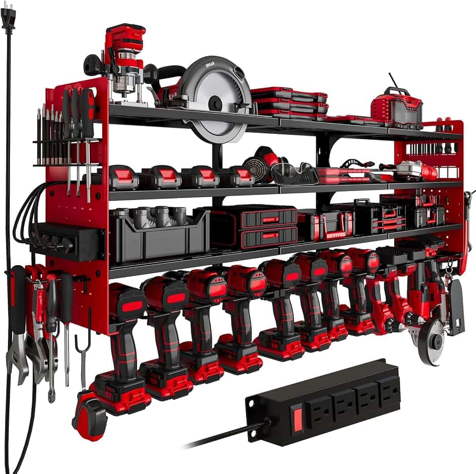 Power Tool Organizer Wall Mount, 12-Drill 4-Tier Charging Station, Red