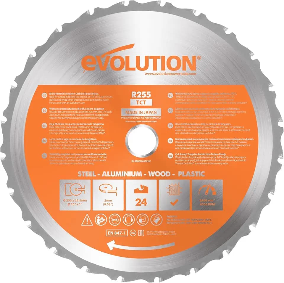 Evolution Power Tools Sägeblatt 210mm für Kreissäge und Kappsäge | Mehrzweckschneidklinge mit 24 Zähnen, TCT-Kreissägeblatt |Multimaterial, Schneidet Holz, Metall, Kunststoff | R210TCT-24T