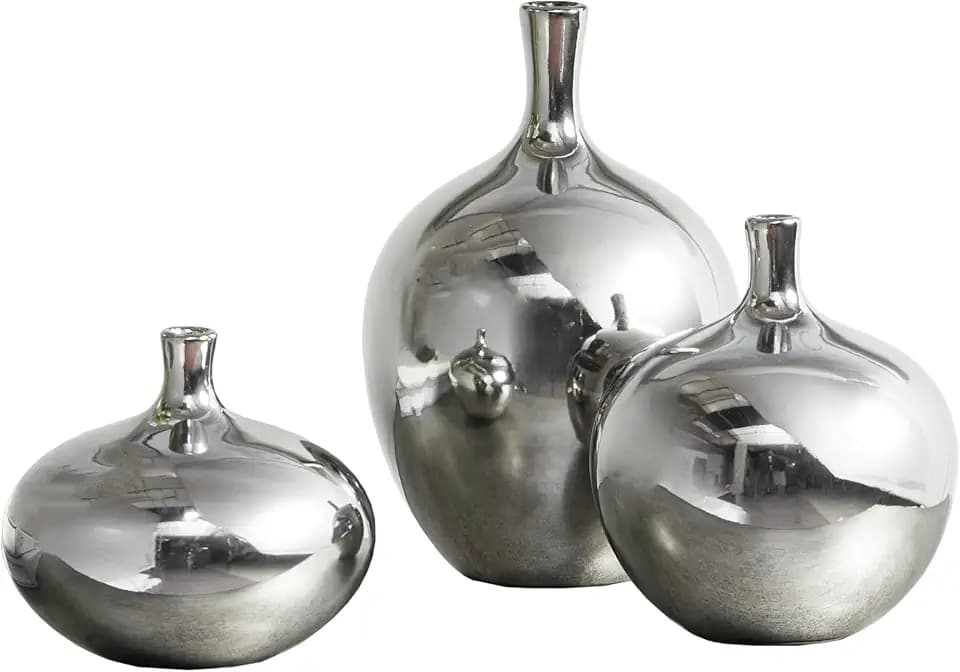 Madison Park Signature Ansen Ceramic Handmade Vase Set Home Décor - Metallic Accent Living Room Decoration Ideal for Shelf, Side Table, Mantle Ornaments, Multi Size, Silver 3 Piece