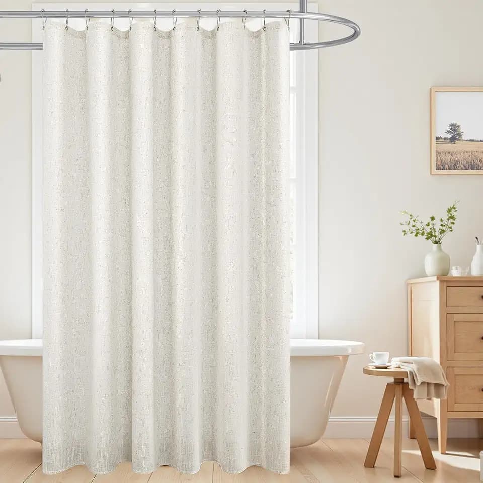 KOUFALL Linen Shower Curtain,Boho Farmhouse Shower Curtains for Bathroom,Bath Decor Natural Cloth Cotton Look Polyester Waterproof Fabric Shower Curtain Liner with Hooks Sets,Cream Ivory,72 x 72 Inch