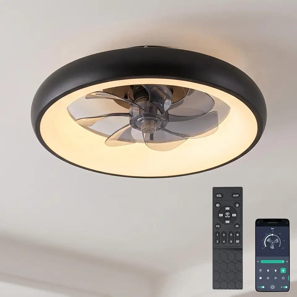 Low Profile Ceiling Fan with Light, Smart Flush Mount Ceiling Fan with Remote & APP Control, Quiet DC Motor, 7-Blade Reversible Ceiling Fan, 3CCT LED Ceiling Fan for Bedroom, Small Room, Apartment