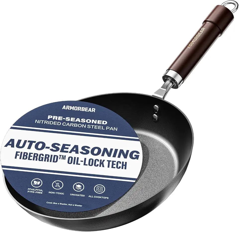 10 Inch Auto-Seasoning Nitrided Carbon Steel Pan, Professional Skillet for Induction Stovetop and Daily Searing, Pre-seasoned Frying Pan, Wooden Handle, PFAS & PFOA-Free