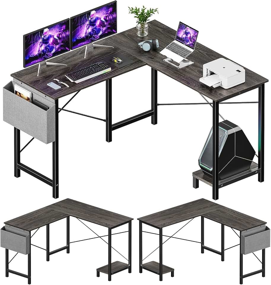 Sweetcrispy L Shaped Gaming Desk, Computer Desk Corner Desks PC Gaming Desk Table with CPU Stand Side Bag for Home Office Dorm Sturdy Writing Workstation, Grey, 50 Inch