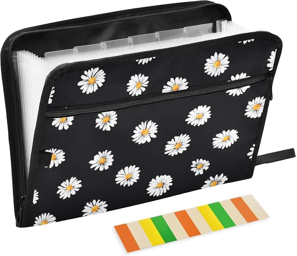 Expanding File Folder White Daisy Flower Black Accordion File Organizer