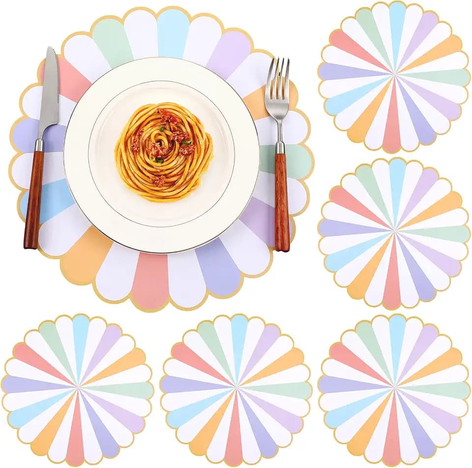 48 Pcs Pastel Disposable Paper Placemats 13 inch Spring Stripe Scalloped Table Mats for Wedding Table Setting Bridal Birthday Kitchen Party Banquet Supplies(Rainbow)