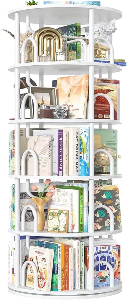Aheaplus 5 Tier Rotating Bookshelf Tower, Revolving Bookcase, White