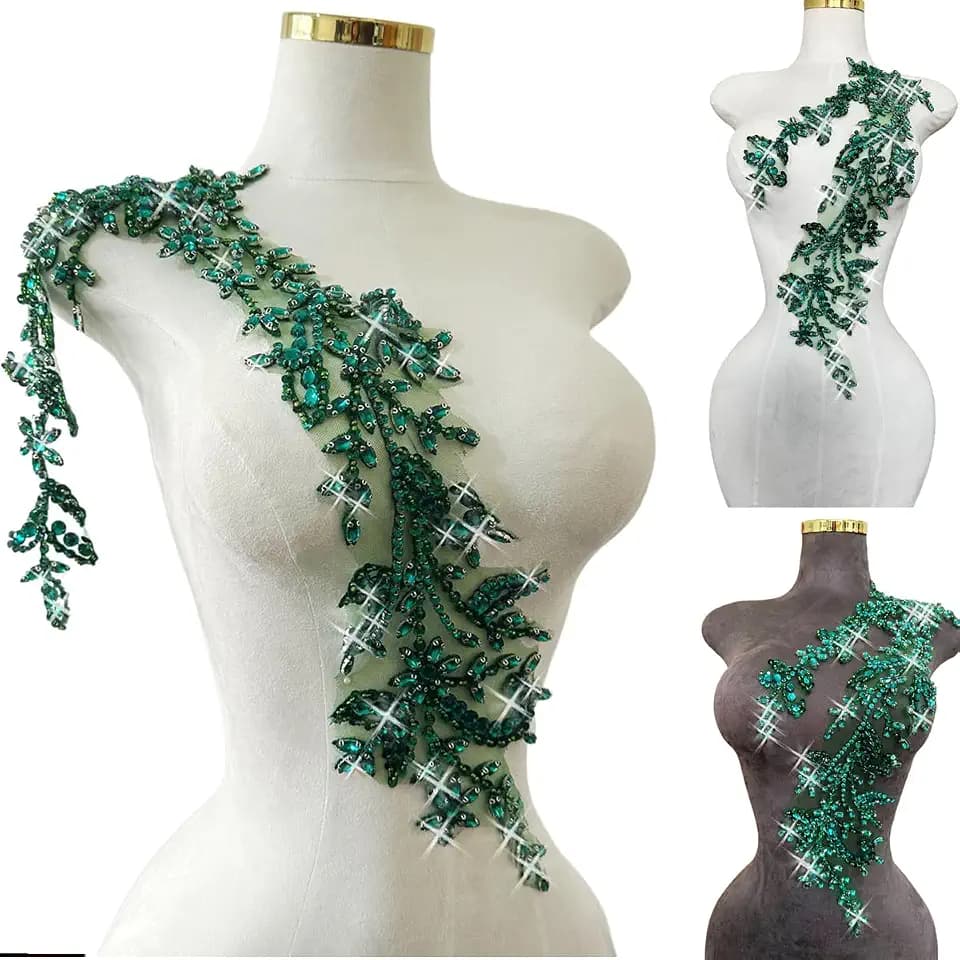 Handmade Shining Acrylic Rhinestones on lace Applique Sewing Beads Stones Trim Patches Accessories for Wedding Dress 4.3X 23.6inches (Deepgreen)